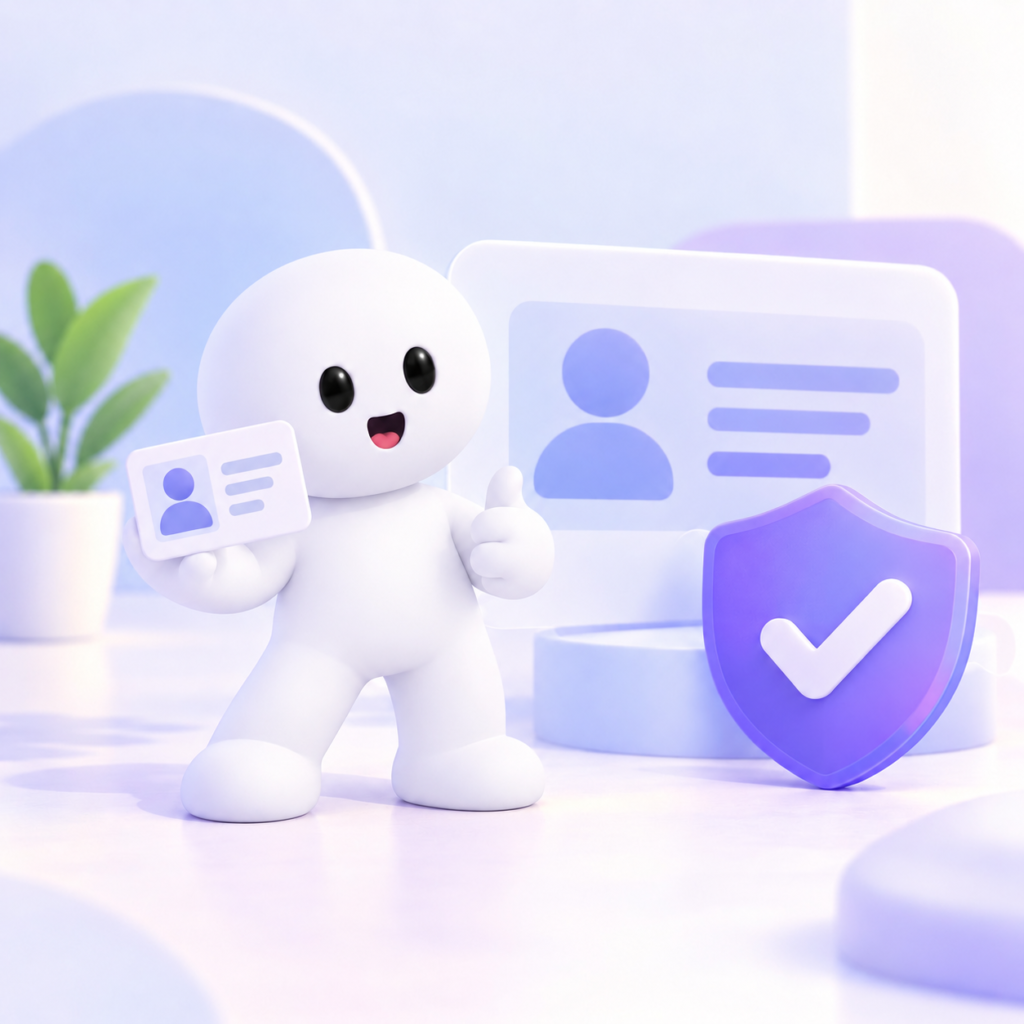 White 1x Jobs avatar holding an ID card beside a verified shield